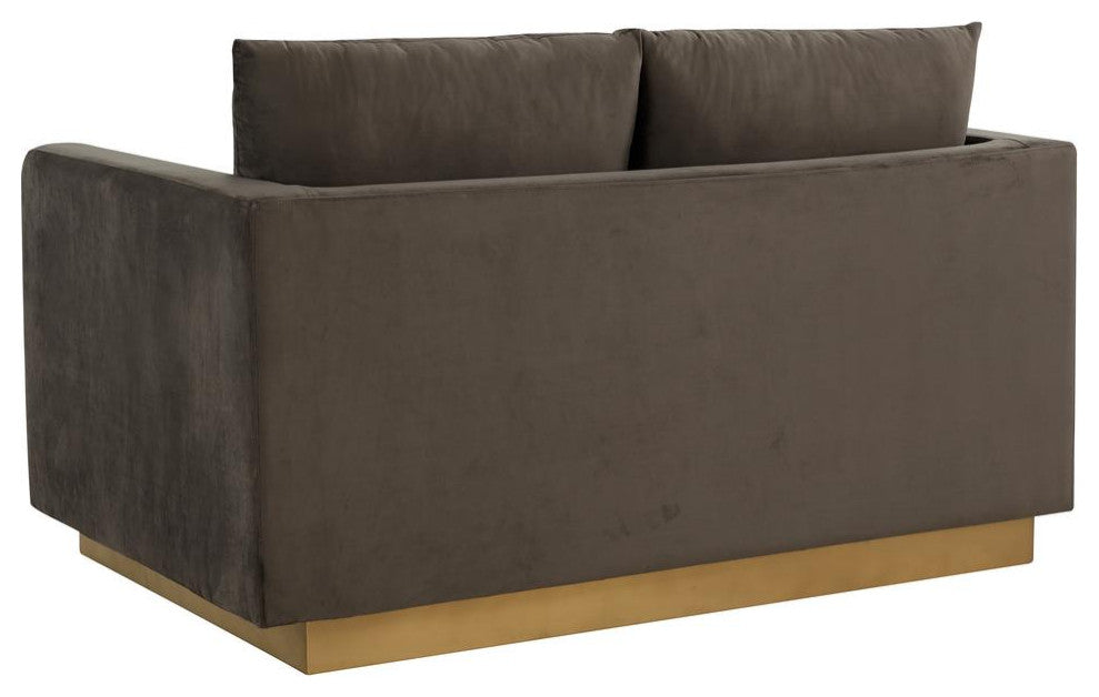 LeisureMod NS55DGR Nervo Dark Grey Mid-Century Velvet Loveseat Gold Frame