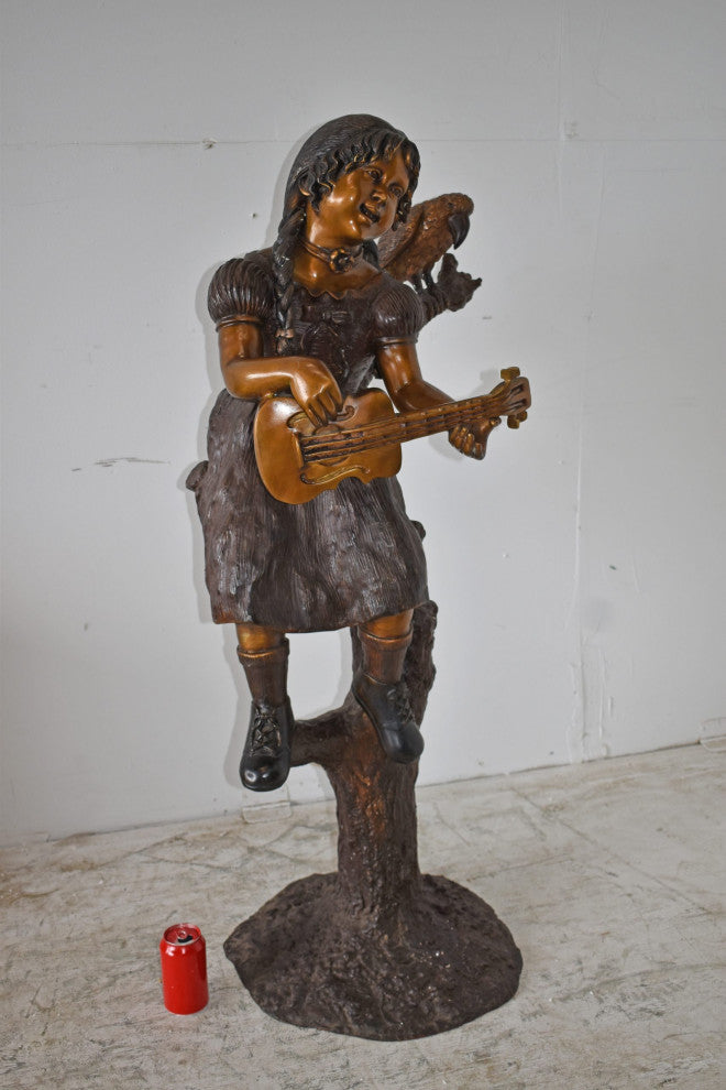 Girl on a Tree Playing the Ukulele With a Parrot Bronze Statue 25" x 23" x 50"