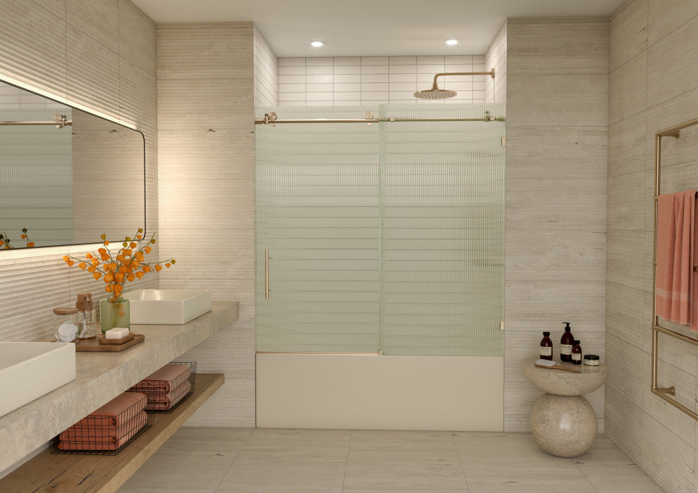 Galaxy 60"x60" Frameless Glass Sliding Bathtub Doors, Brushed Bronze, Left