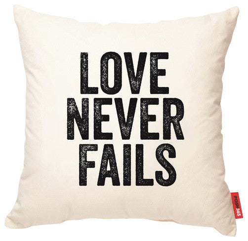 "Love Never Fails" Decorative Throw Pillow in Cream Muslin