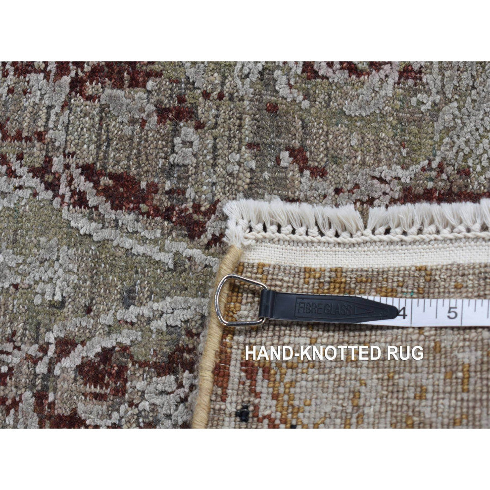 Gray, Erased Tulip Design Silk With Wool Hand Knotted Runner Rug, 2'6"x9'10"