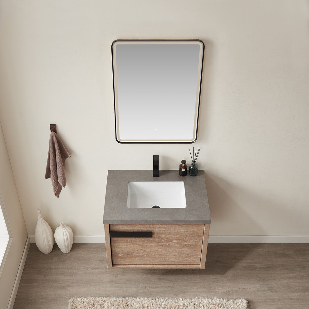 Carcastillo Bath Vanity, Oak With Sintered Stone Top, 30", With Mirror