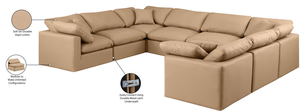 Indulge Upholstered Modular U-Shaped Sectional, Tan, 8-Piece: 4 Armless Chair, 4 Corner Chair, Fiber Stuffed Vegan Leather