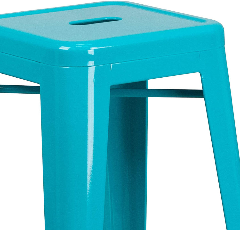 Set of 4 Stackable Bar Stool, Backless Metal Seat, Crystal Teal Blue