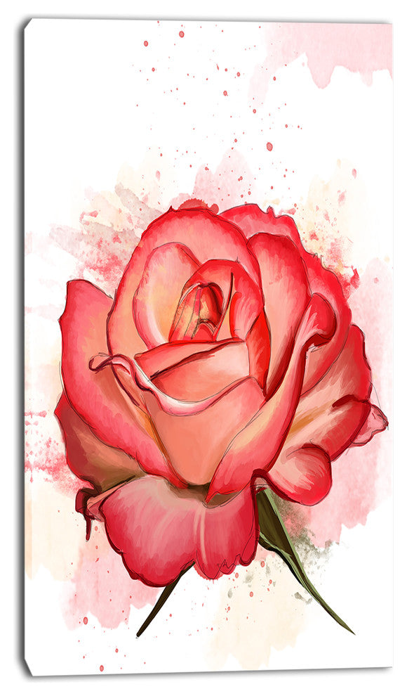 Red Rose Illustration with Splashes, Floral Canvas Art Print, 16"x32"