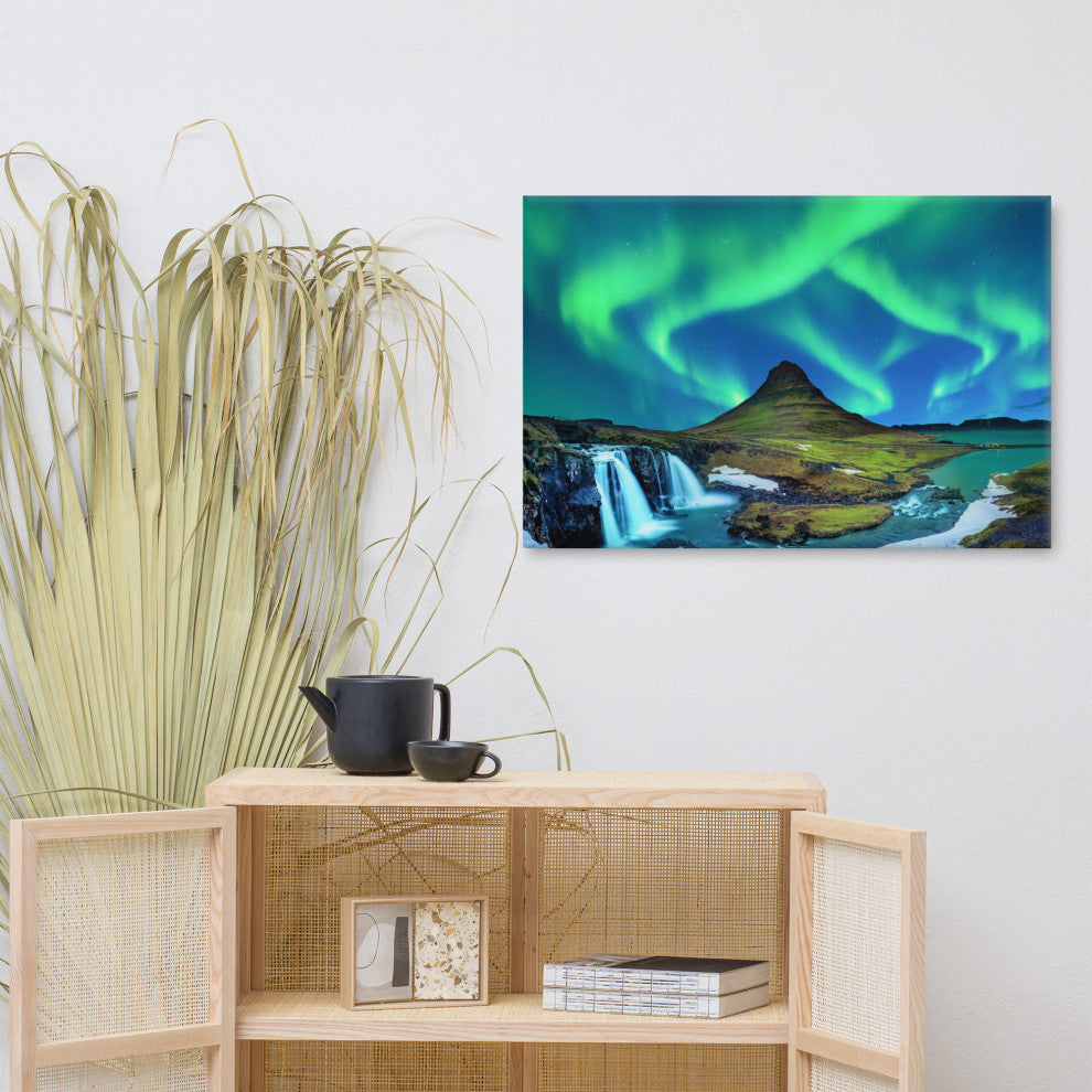 Winter Mountain Northern Lights Landscape Photo Canvas Wall Art Prints, 24" X 36"