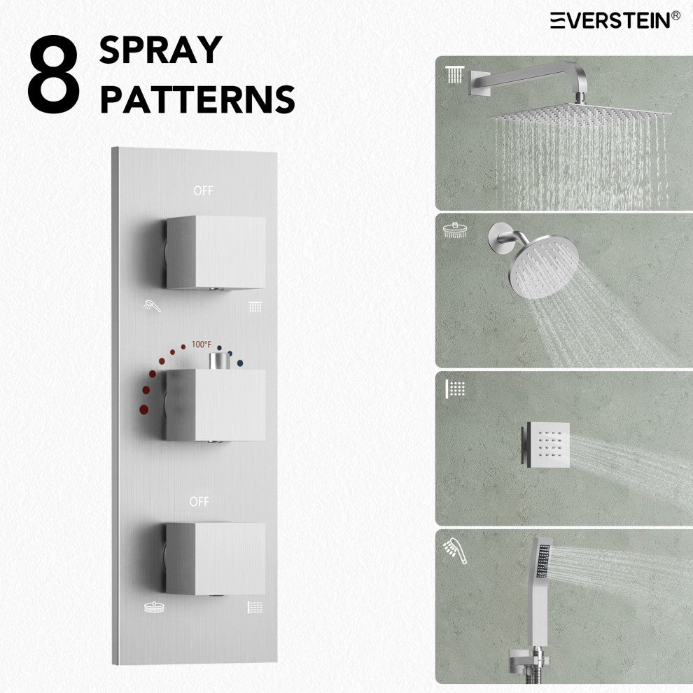 Dual Heads 12" Rain Shower System With 3 Way Thermostatic Faucet,Body Jets, Brushed Nickel