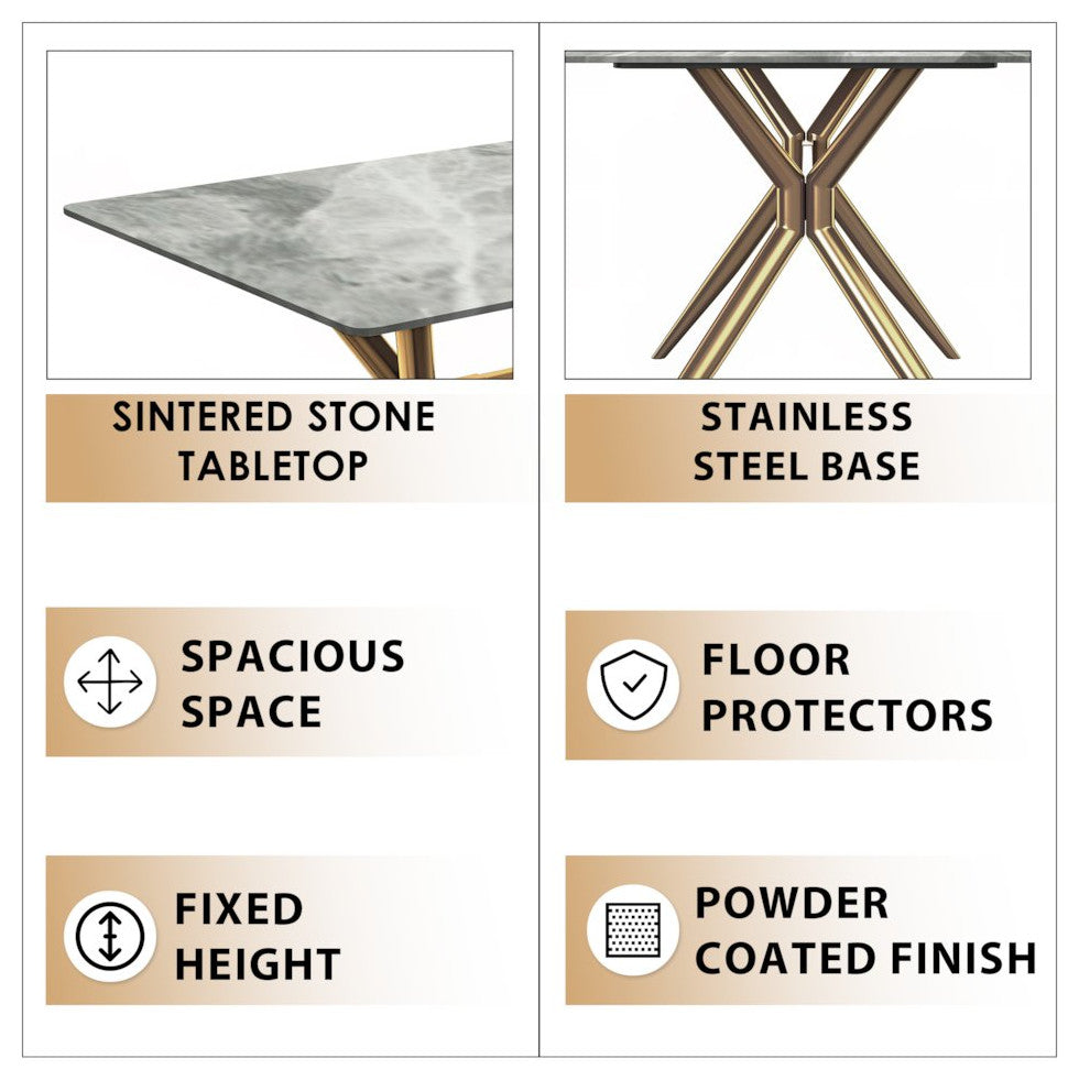 Gold Stainless Steel Dining Table 55 With Light Grey Sintered Stone Top