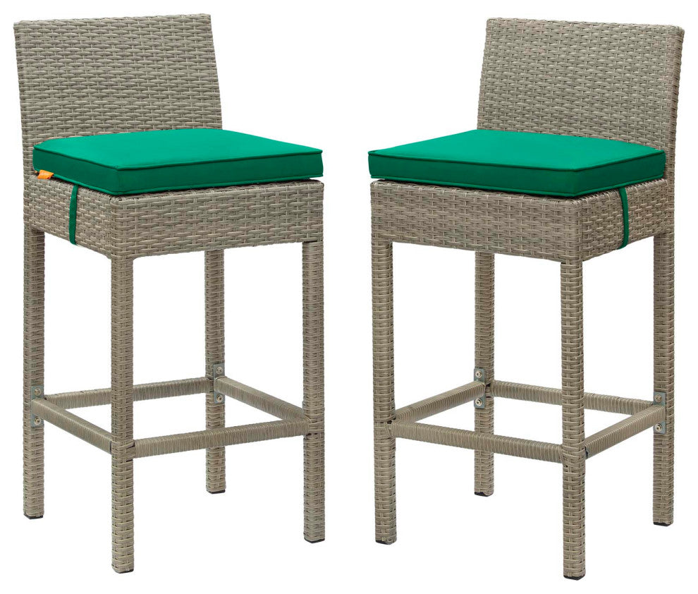 Contemporary Outdoor Patio Bar Stool Chair, Set of Two, Fabric Rattan, Green