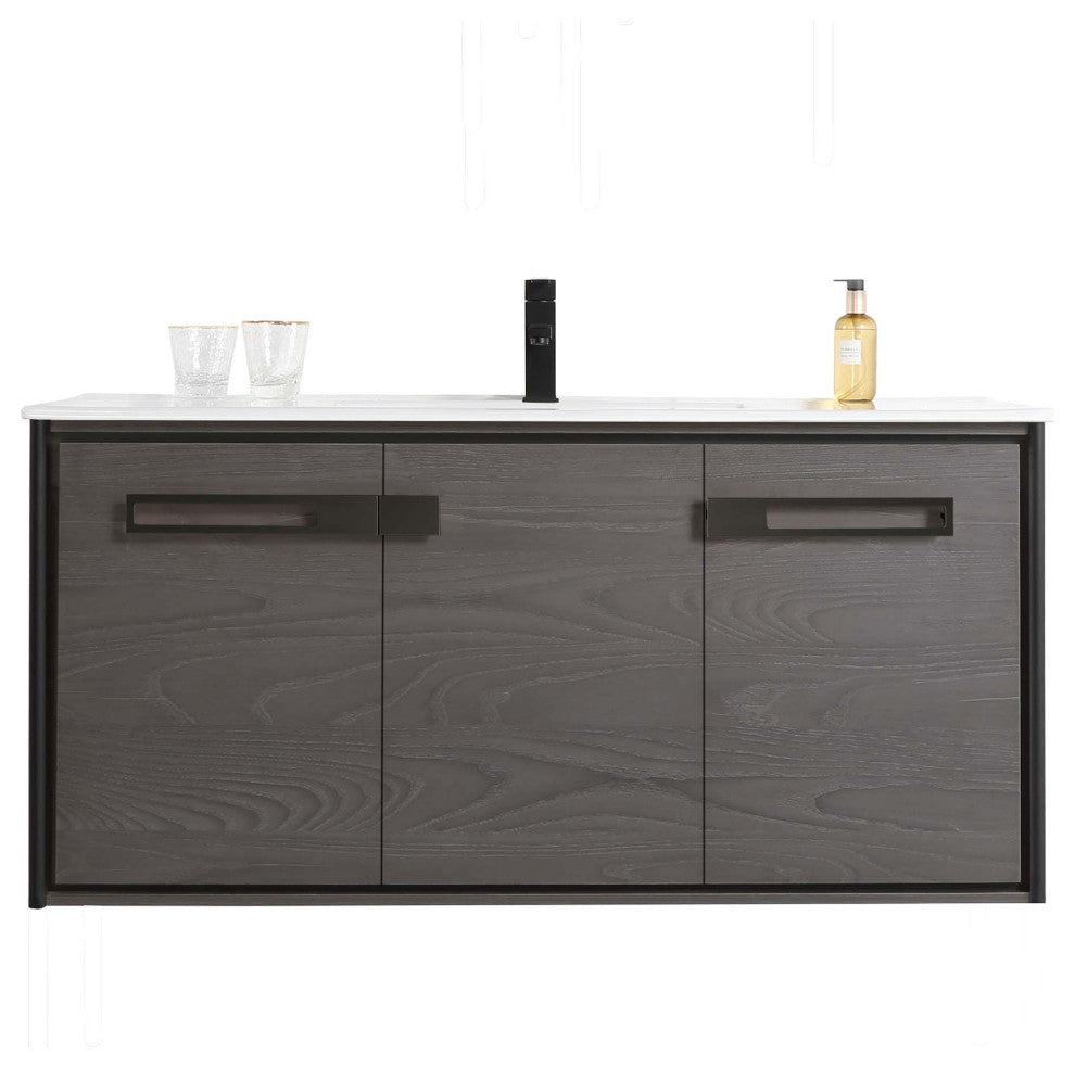 Oakville Wall Mount Bathroom Vanity, Black Coal Oak, 48", Black Hardware