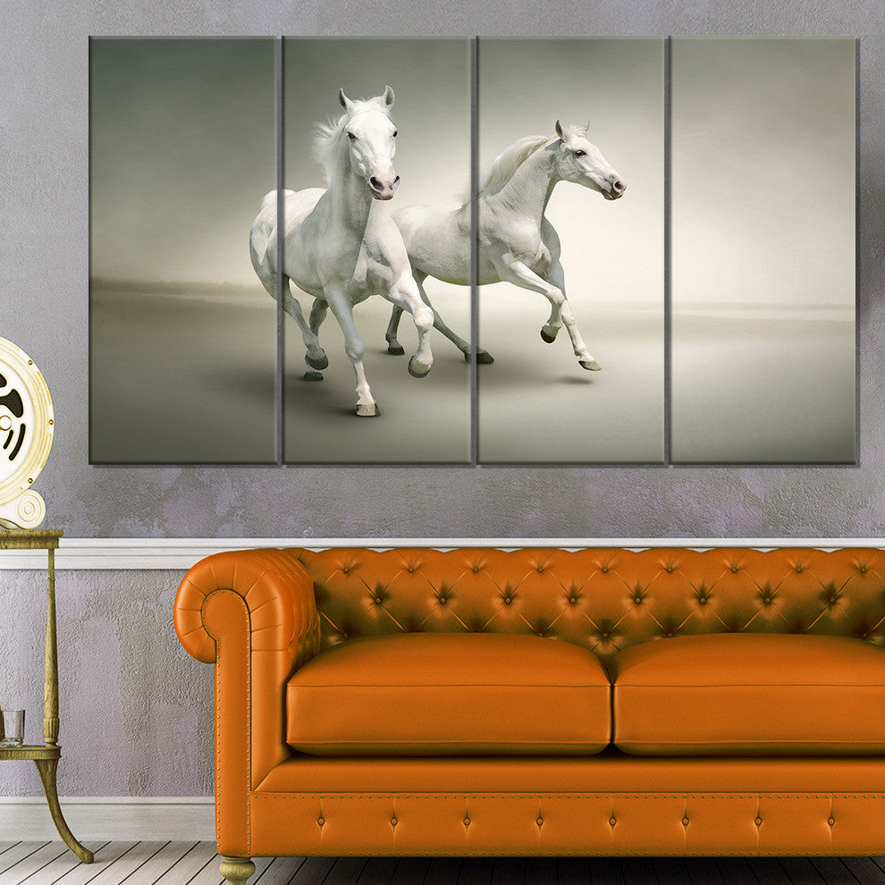 Fast Moving White Horses, Animal Canvas Art Print, 48"x28", 4 Panels