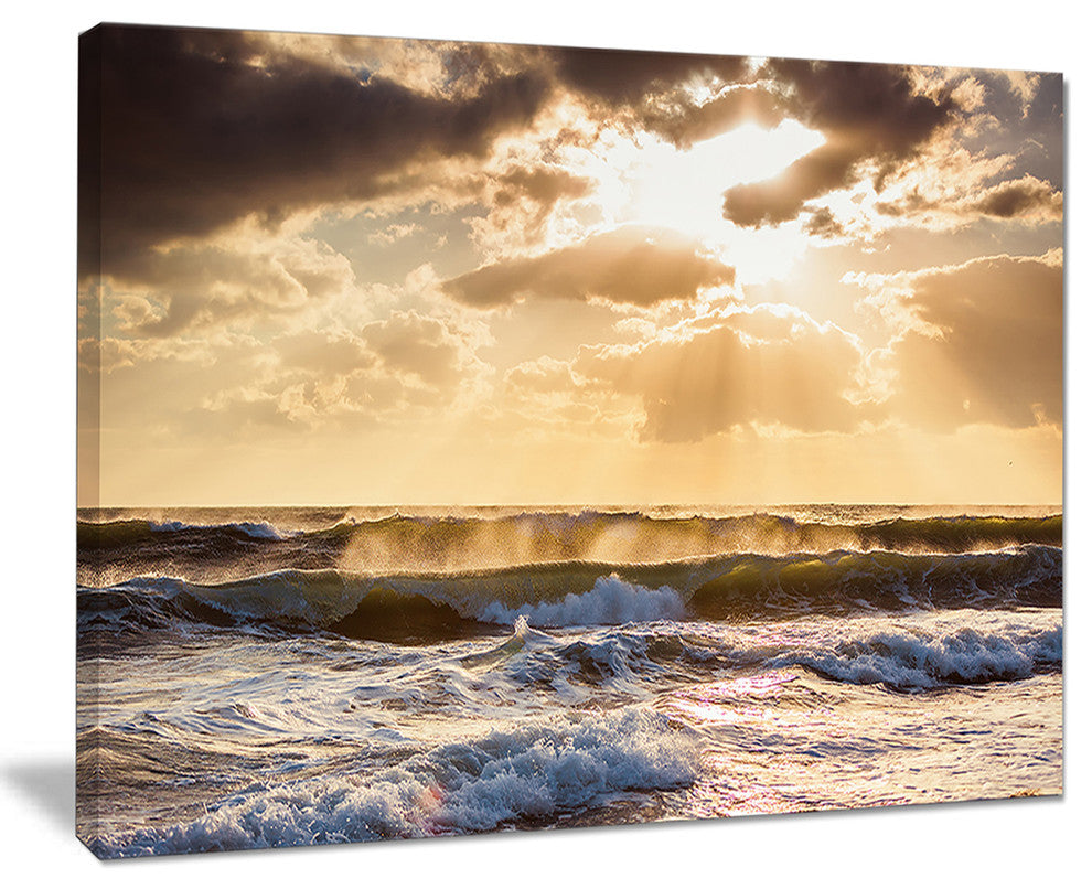 "Sunrise And Roaring Blue Sea Waves" Beach Canvas Wall Art, 20"x12"