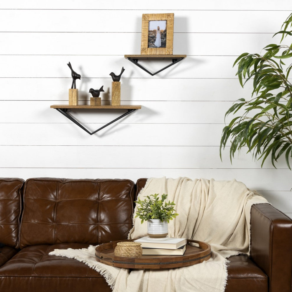 Set of Two Geometric Wood and Metal Wall Shelves