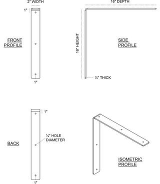 2"W x 16"D x 16"H Hamilton Bracket, Stainless Steel
