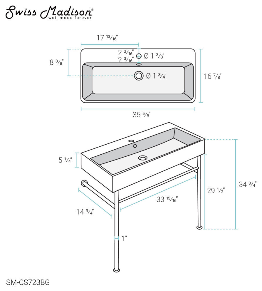 Carre 36" Ceramic Console Sink White Basin Gold Legs, Brushed Gold