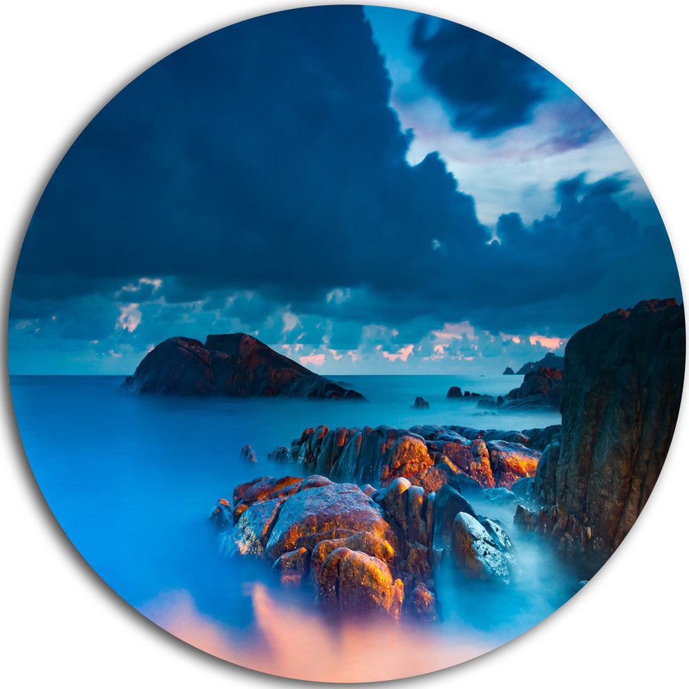 Rocky Sea With Long Exposure, Seashore Photo Disc Metal Wall Art, 11"