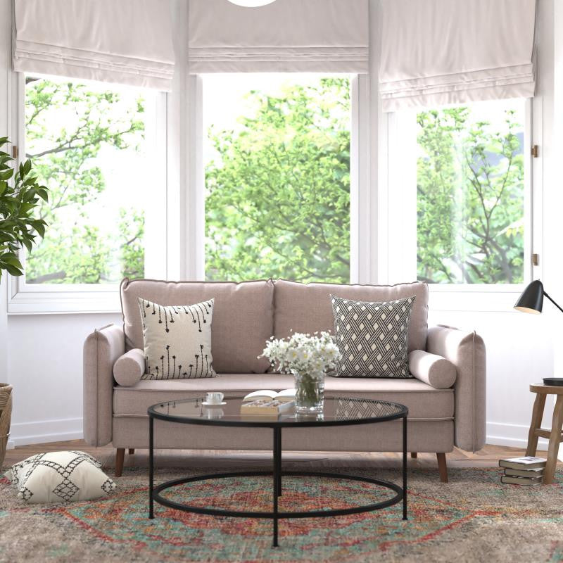 Evie Mid-Century Modern Sofa With Fabric Upholstery and Solid Wood Legs, Taupe