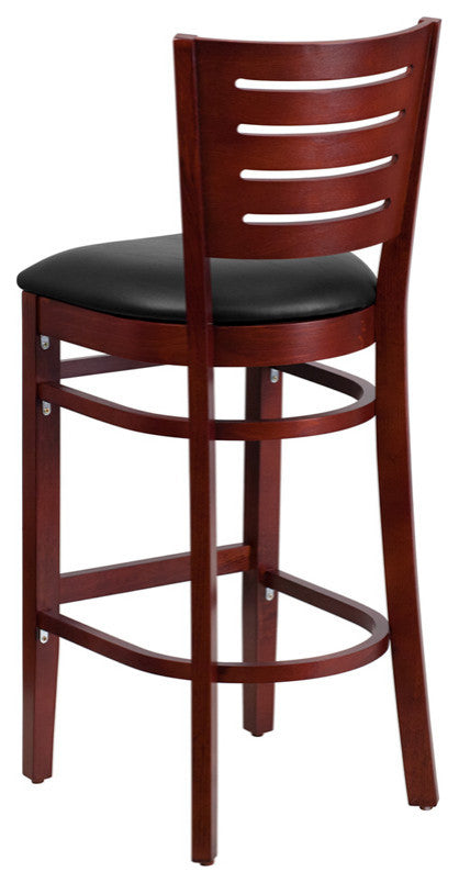 Modern Slat Back Mahogany Wood Restaurant Barstool, Black Vinyl Seat