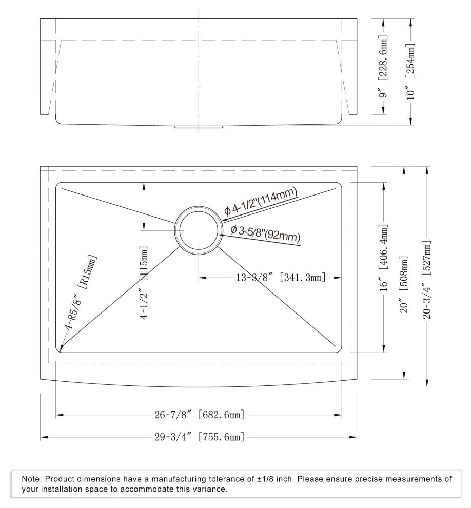 Dowell Apron Farmer Undermount Single Bowl Stainless Kitchen Sink - Small Radius, 27w X 16l X 9d
