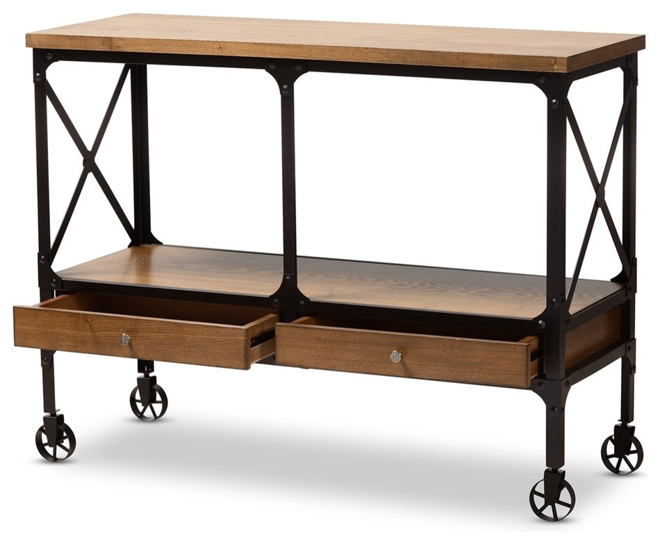 Industrial Style Wood and Dark Bronze Wheeled Console Table With Drawers