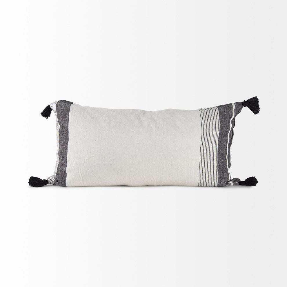 Kimia White and Black Herringbone Fabric With Fringed Decorative Pillow Cover