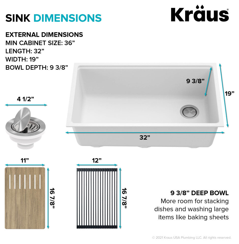 Bellucci Workstation 33" Undermount Granite Kitchen Sink, Garbage Disposal