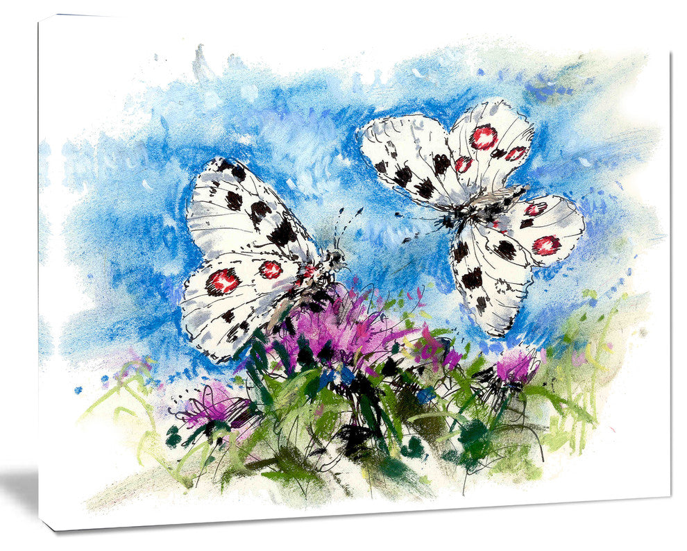 Apollo Butterflies Illustration on Blue, Floral Art Canvas Print, 20"x12"