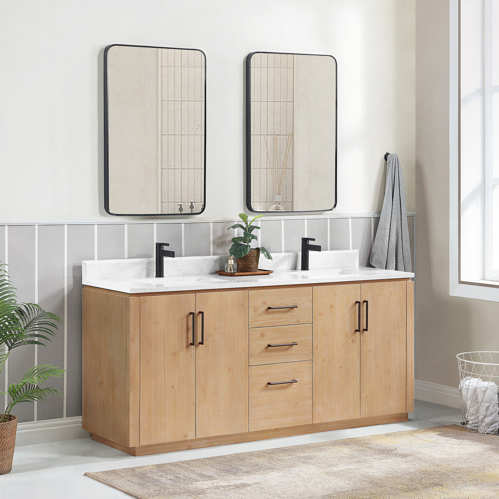San Bath Vanity with Stone Top, Fir Wood Brown, 72", Double Vanity, No Mirror