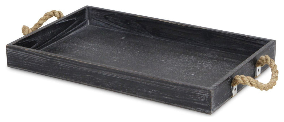 Black Wooden Tray With Rope Handles