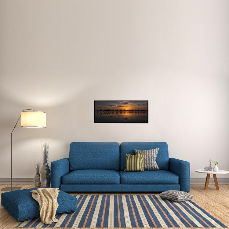 "Sunset Camel Safari" Framed Canvas Giclee by Louise Wolbers, 41x17"