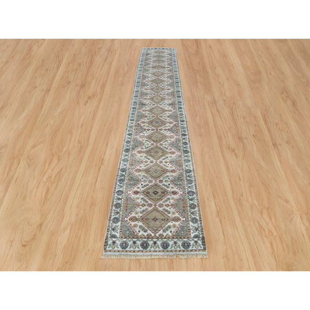 Ivory All Wool Rosettes Border XL Runner Sustainable Oriental Rug 2'6"x14'1"
