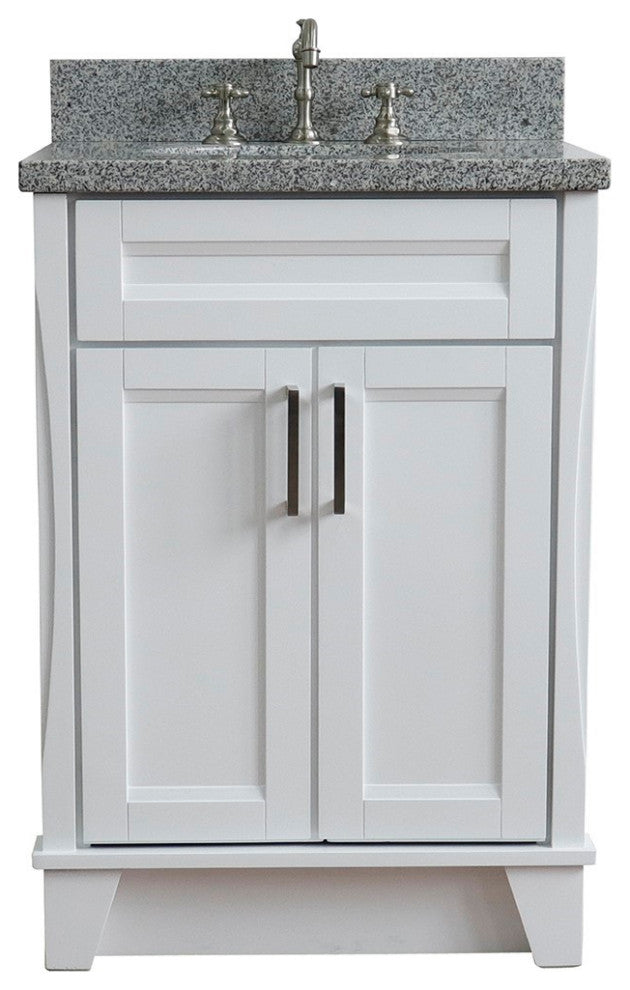 25" Single Sink Vanity, White Finish With Gray Granite And Oval Sink