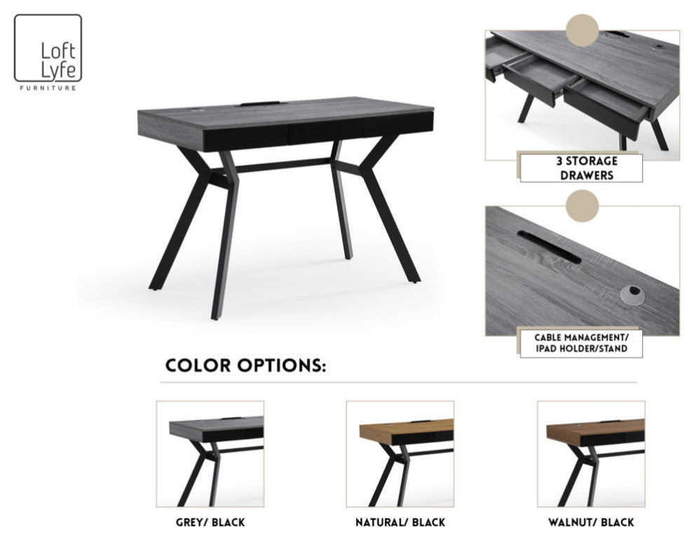 Loft Lyfe Magdalene Desk, 3 Storage Drawers, Natural/Black