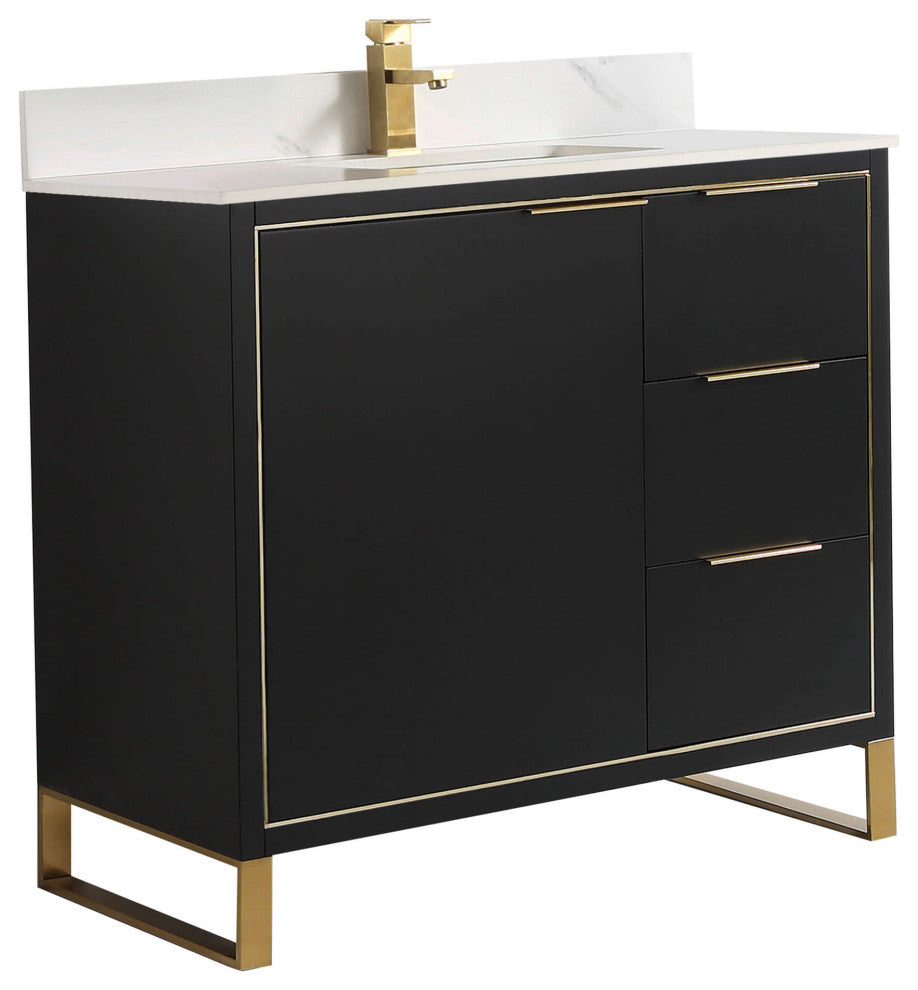 Opulence Bath Vanity, Black Matte, 36", Satin Brass Hardware, White Carrara Top