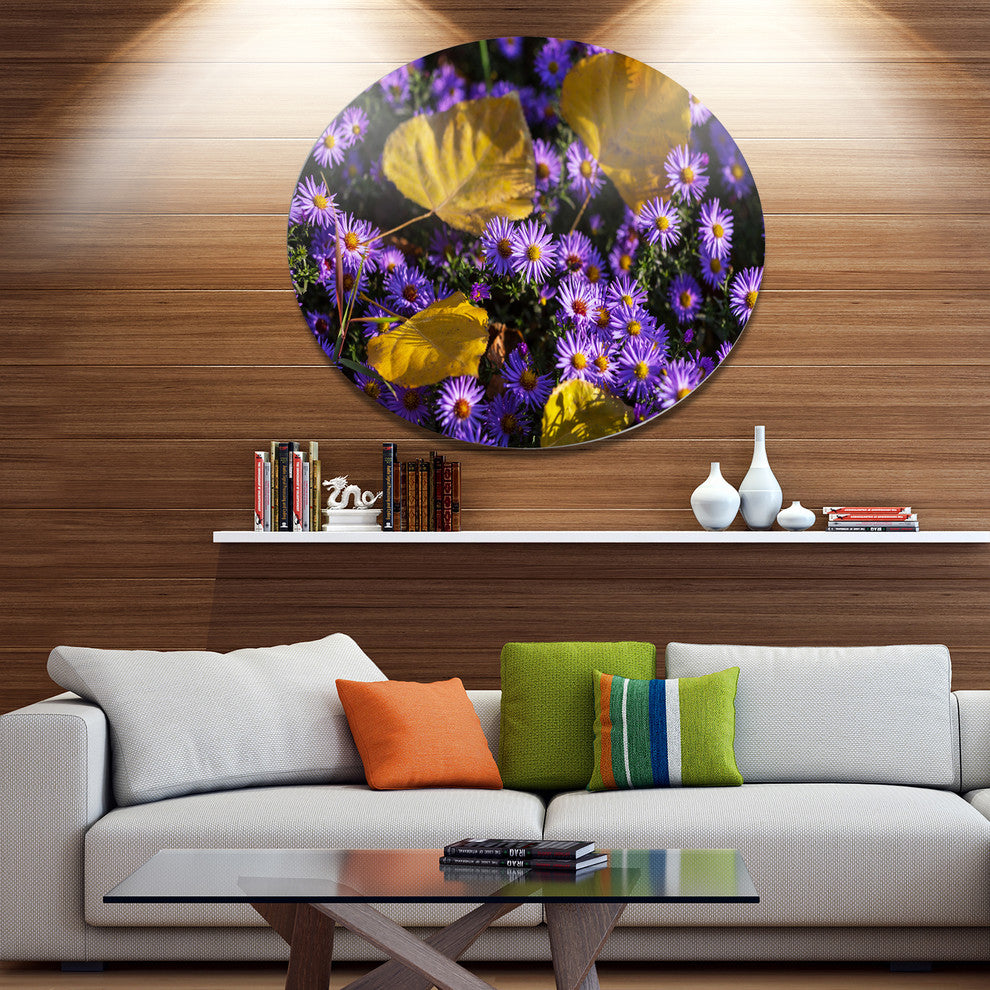 Little Purple Flowers And Yellow Leaves, Flower Disc Metal Artwork, 11"