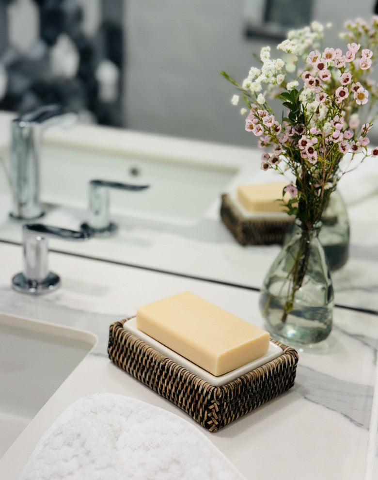 La Jolla Rattan Rectangular Soap Dish, Black Wash