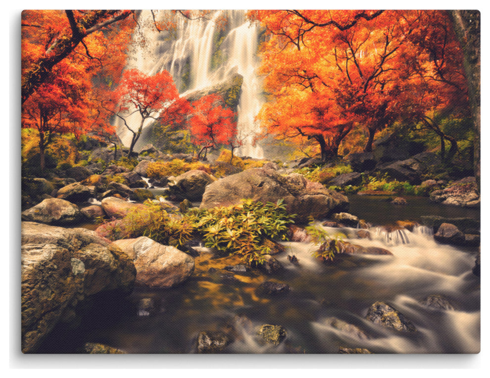 Waterfall in the Autumn Golden Shadow Effect Landscape Photo Canvas Art Print, 12" X 16"