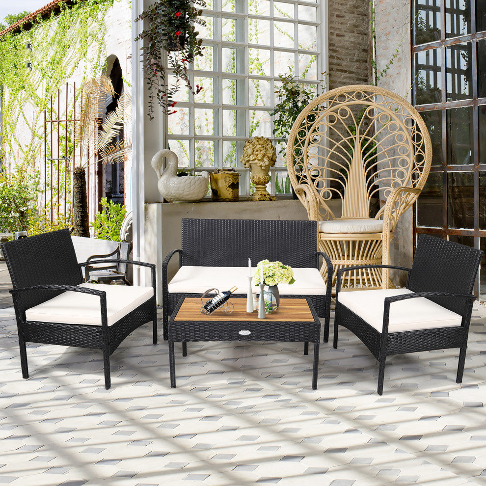Costway 4PCS Patio Rattan Furniture Set Sofa Chair Coffee Table W/Cushion White
