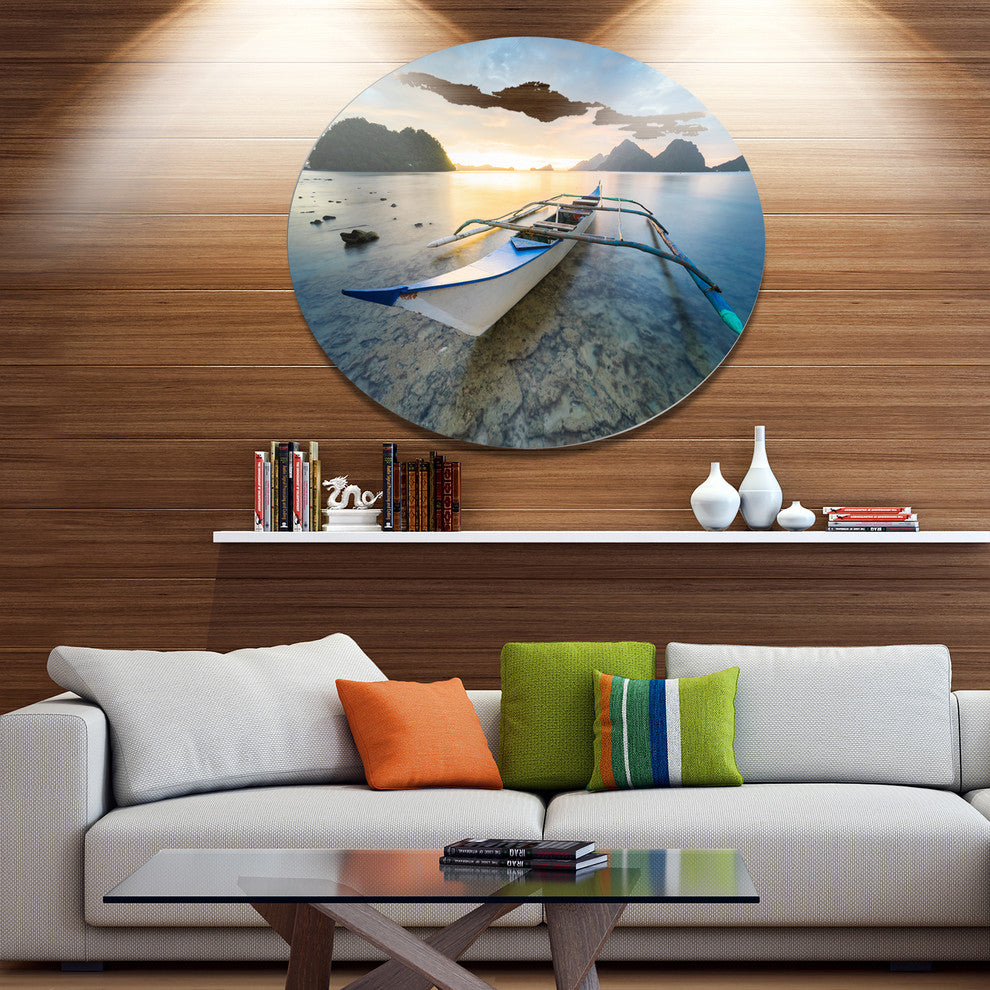 Boat Docked At Beautiful Sunset, Seashore Round Wall Art, 36"