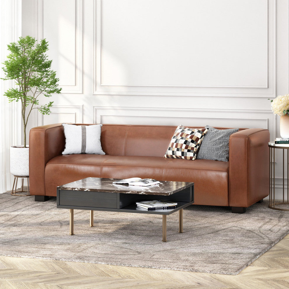 Contemporary Sofa, Faux Leather Upholstered Seat With Tuxedo Arms, Cognac Brown