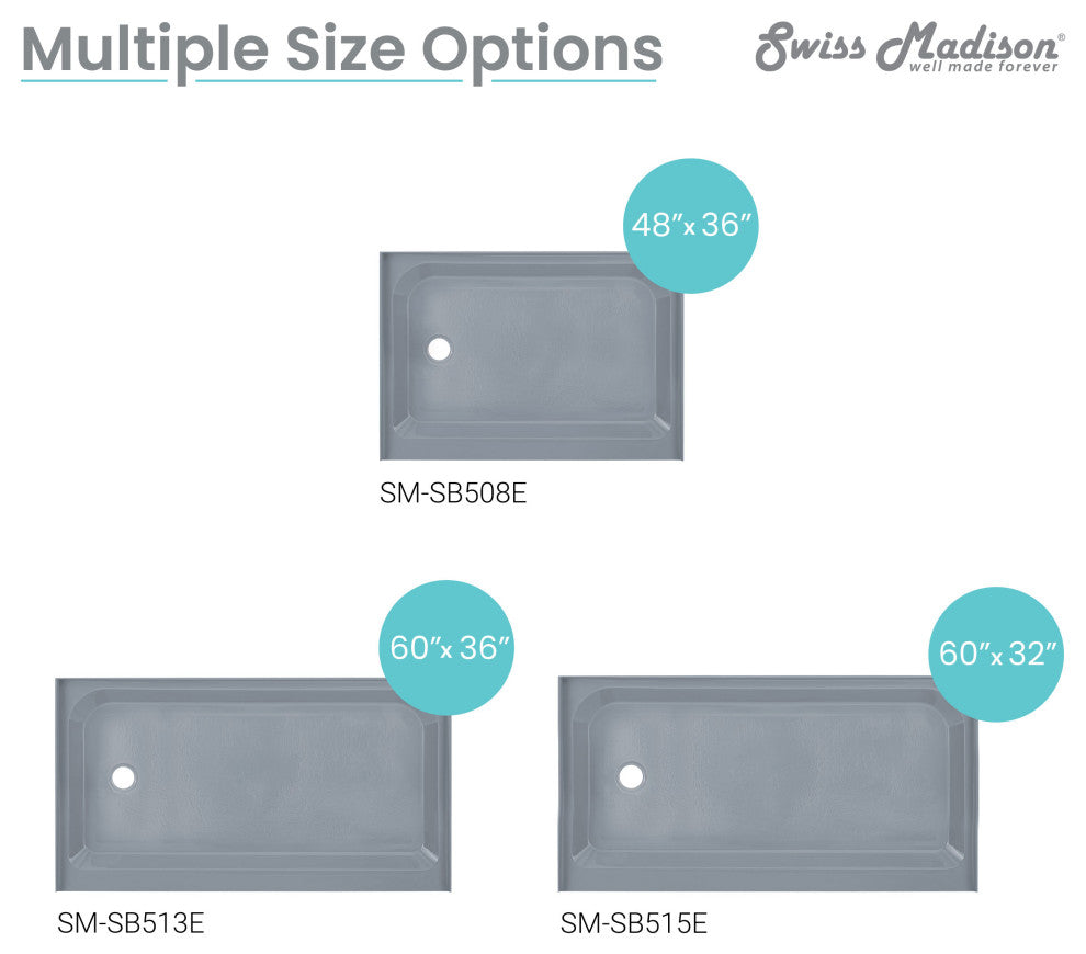 Voltaire 48"x36" Single-Threshold, Center Drain, Shower Base, Gray