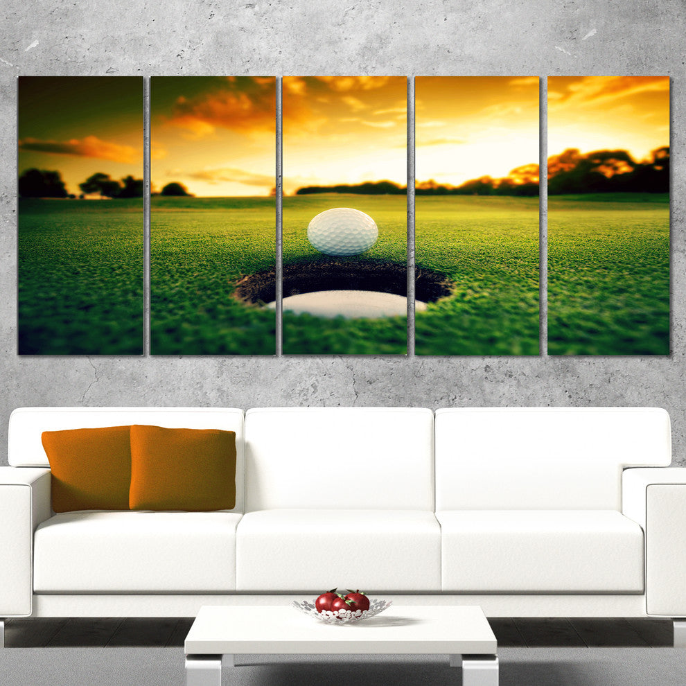 Golf Ball Near Hole, Landscape Canvas Art Print, 60"x28", 5 Panels