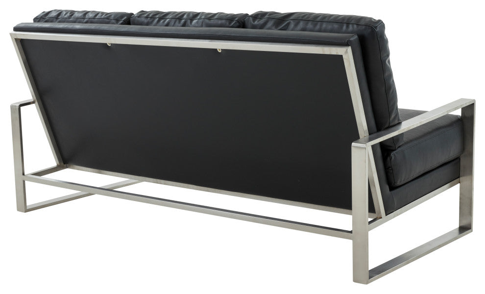 LeisureMod Jefferson Modern Faux Leather Sofa With Silver Frame, Black