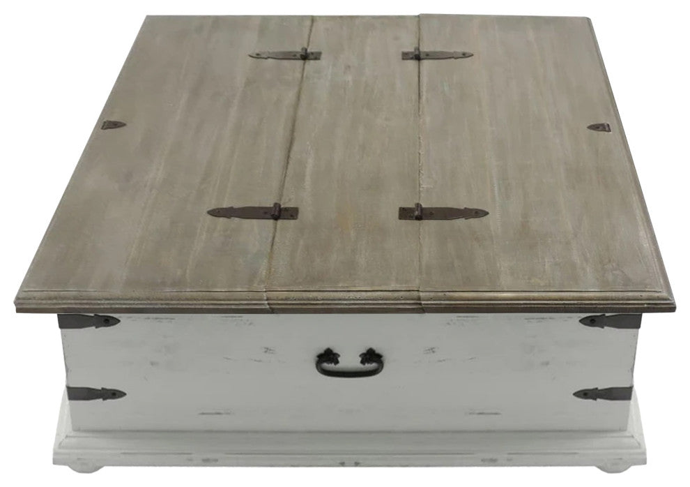 Trunk Shape Cocktail Table With Double Lid Opening, White and Brown