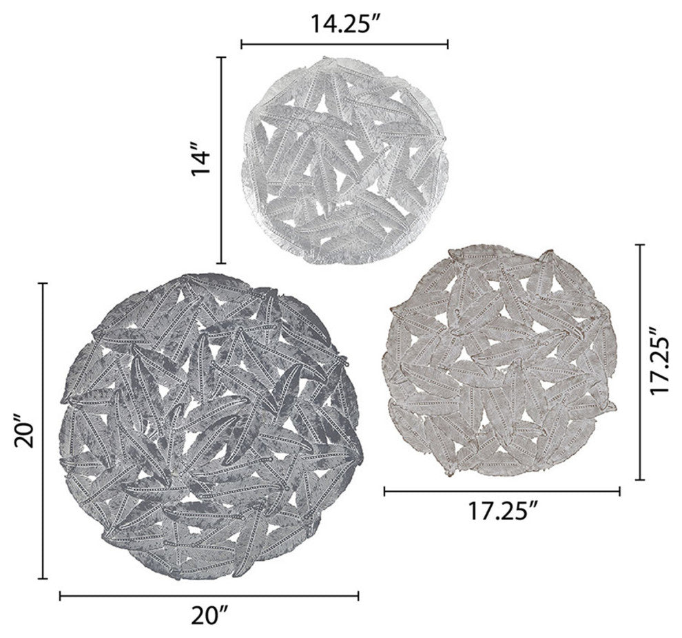 Madison Park Rossi Textured Feather 3-piece Metal Disc Wall Decor Set, Grey