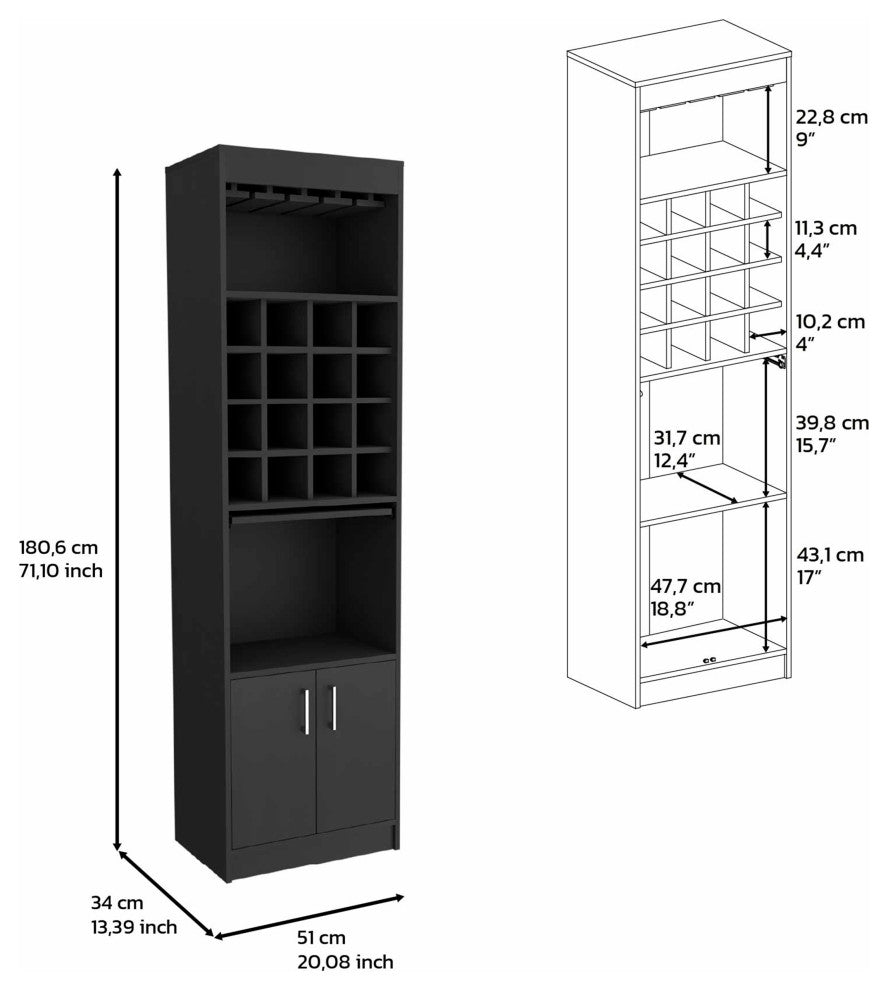DEPOT E-SHOP Athens Bar Cabinet,16 Wine Cubbies,2 Open Shelves,Glass Rack, Black