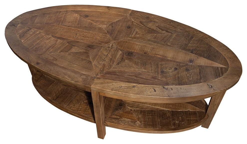 Transitional Reclaimed Wood Coffee Table, Oval Top With Storage Shelf