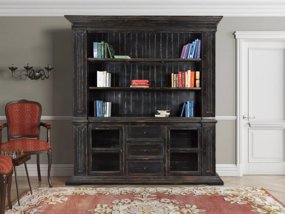 Victoria 3 Drawer, 2 Door Sideboard and Hutch Set - Rustic Black - 91", Sideboard and Hutch