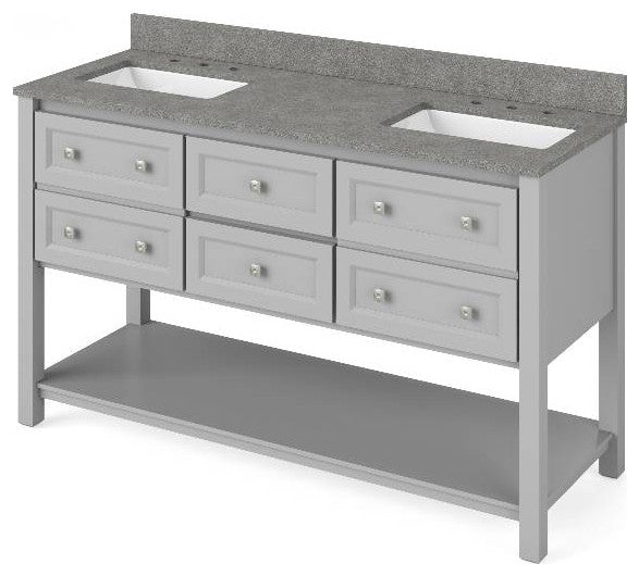 Adler Transitional 60" Grey Double Sink Vanity, Steel Grey Cultured Marble Vanit