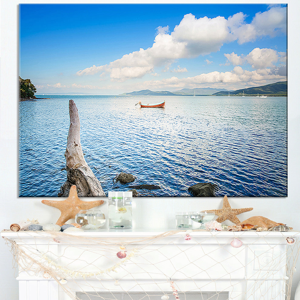 "Small Wooden Boat and Tree Trunk" Seashore Wall Art, 40"x20"